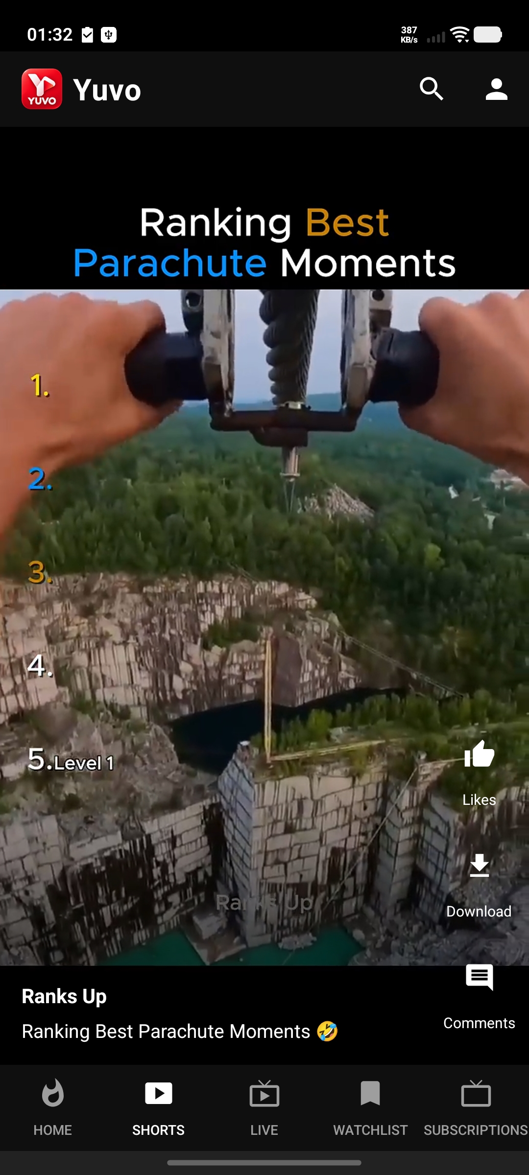 Yuvo Shorts showing an adventure above a forest canyon